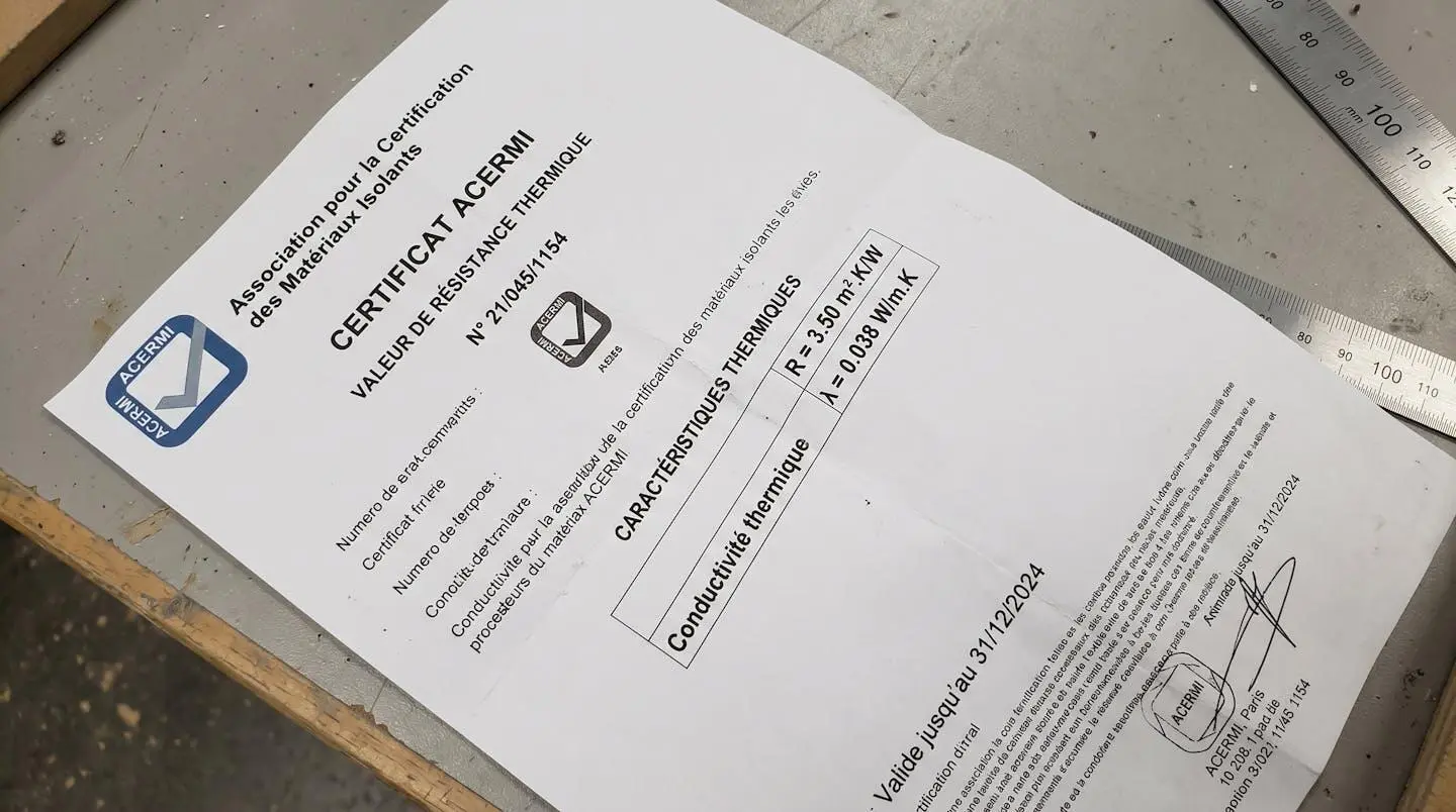 Certificat technique ACERMI imprimé montrant clairement la valeur de résistance thermique R avec logo organisme de certification, posé sur surface de travail neutre avec bord de règle métallique visible