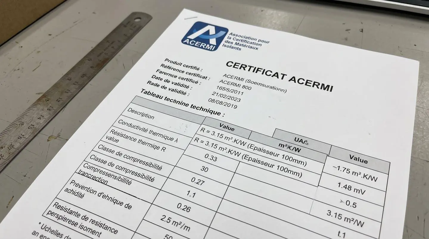 Certificat technique ACERMI imprimé montrant clairement la valeur de résistance thermique R avec logo organisme de certification, posé sur surface de travail neutre avec bord de règle métallique visible