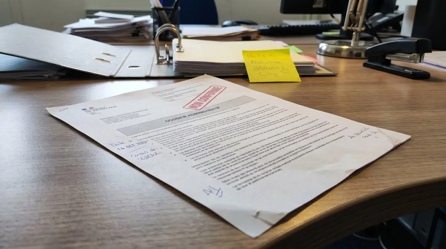 Document administratif posé de travers sur un bureau avec tampon rouge 'Non conforme' partiellement visible, environnement de travail réaliste avec classeur ouvert et post-it jaune en arrière-plan