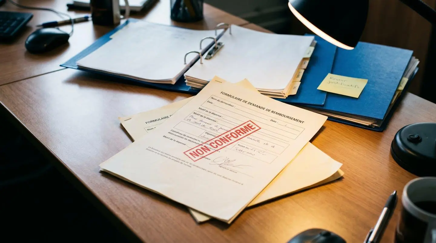 Document administratif posé de travers sur un bureau avec tampon rouge 'Non conforme' partiellement visible, environnement de travail réaliste avec classeur ouvert et post-it jaune en arrière-plan