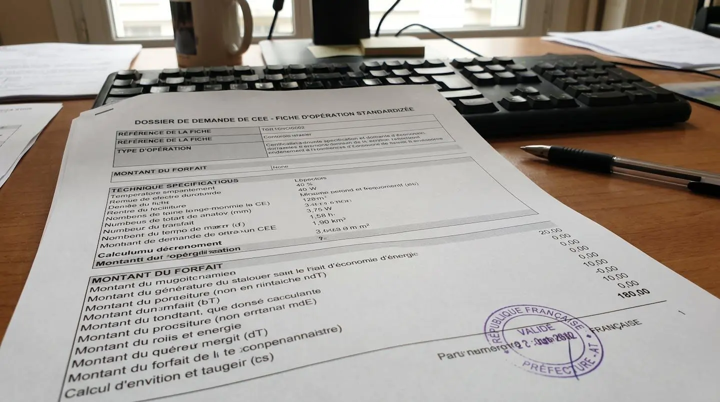 Feuille imprimée d'une fiche d'opération standardisée CEE posée sur un bureau avec tampon administratif violet partiellement visible, environnement de travail réaliste avec clavier et stylo flou en arrière-plan