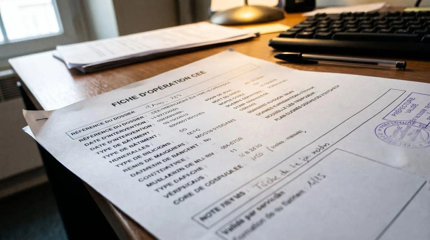 Feuille imprimée d'une fiche d'opération standardisée CEE posée sur un bureau avec tampon administratif violet partiellement visible, environnement de travail réaliste avec clavier et stylo flou en arrière-plan