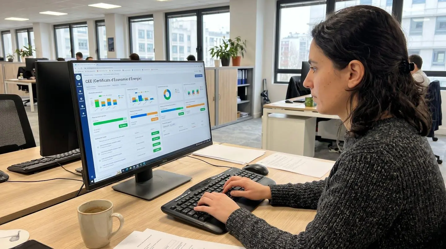 Écran d'ordinateur affichant une interface de plateforme de dépôt de dossier CEE avec indicateurs de progression et statut de validation, environnement de bureau à domicile avec lumière naturelle