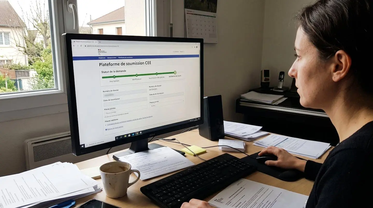 Écran d'ordinateur affichant une interface de plateforme de dépôt de dossier CEE avec indicateurs de progression et statut de validation, environnement de bureau à domicile avec lumière naturelle