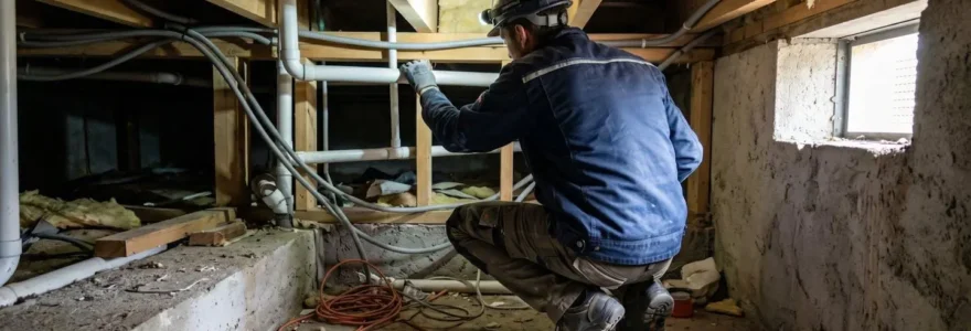 Un professionnel du bâtiment vu de dos inspecte un vide sanitaire avec lampe frontale, accroupi sous un plancher, dans un environnement de chantier légèrement poussiéreux avec câbles et tuyauteries visibles