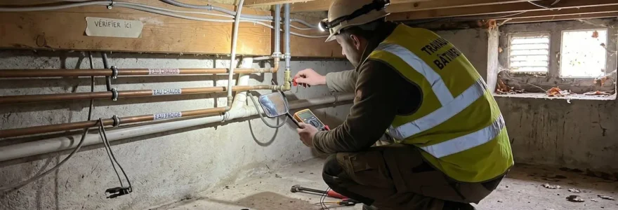 Un professionnel du bâtiment vu de dos inspecte un vide sanitaire avec lampe frontale, accroupi sous un plancher, dans un environnement de chantier légèrement poussiéreux avec câbles et tuyauteries visibles