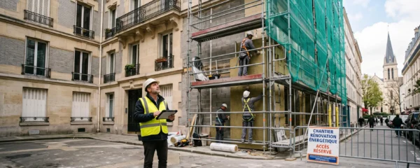 Une copropriété française en travaux de rénovation énergétique avec un chef de projet sur place.