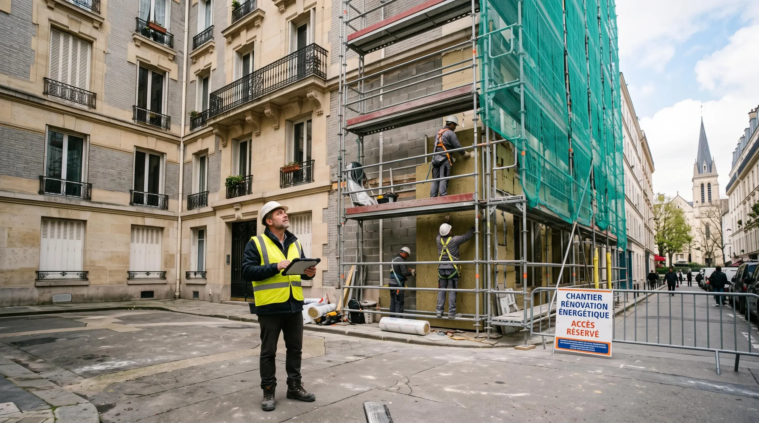 Une copropriété française en travaux de rénovation énergétique avec un chef de projet sur place.